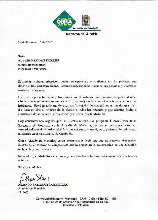 Carta del alcalde Alonso Salazar y Fuerza Joven 
